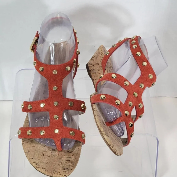 Michael Kors Women’s 9 Cork Wedge Orange Suede Studded Strappy Thong Sandals - Picture 5 of 10